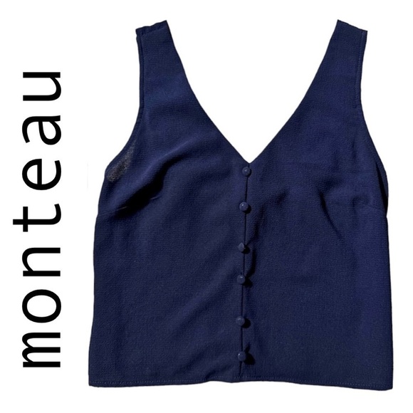 MONTEAU Navy Sleeveless Smocked Back Button Pullover Crop Blouse Top Women’s M - Picture 1 of 9